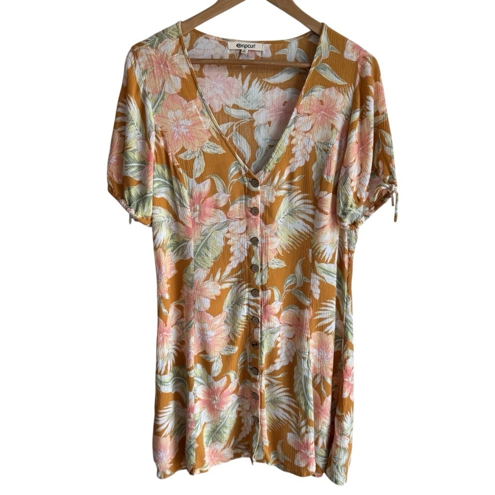Rip Curl Tropical Button Front Dress Sz S Floral Knee Length Beachy Vacation EUC
